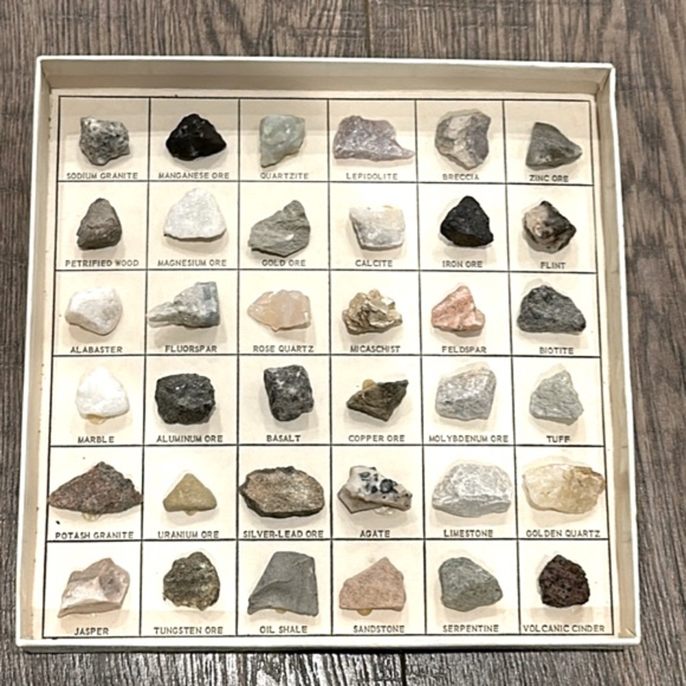 Labeled Mineral Rock Specimen Display - Natural Earth Tones